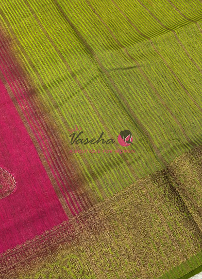 Bamboo Silk Saree- Pink with Green Shade - VVBSS016
