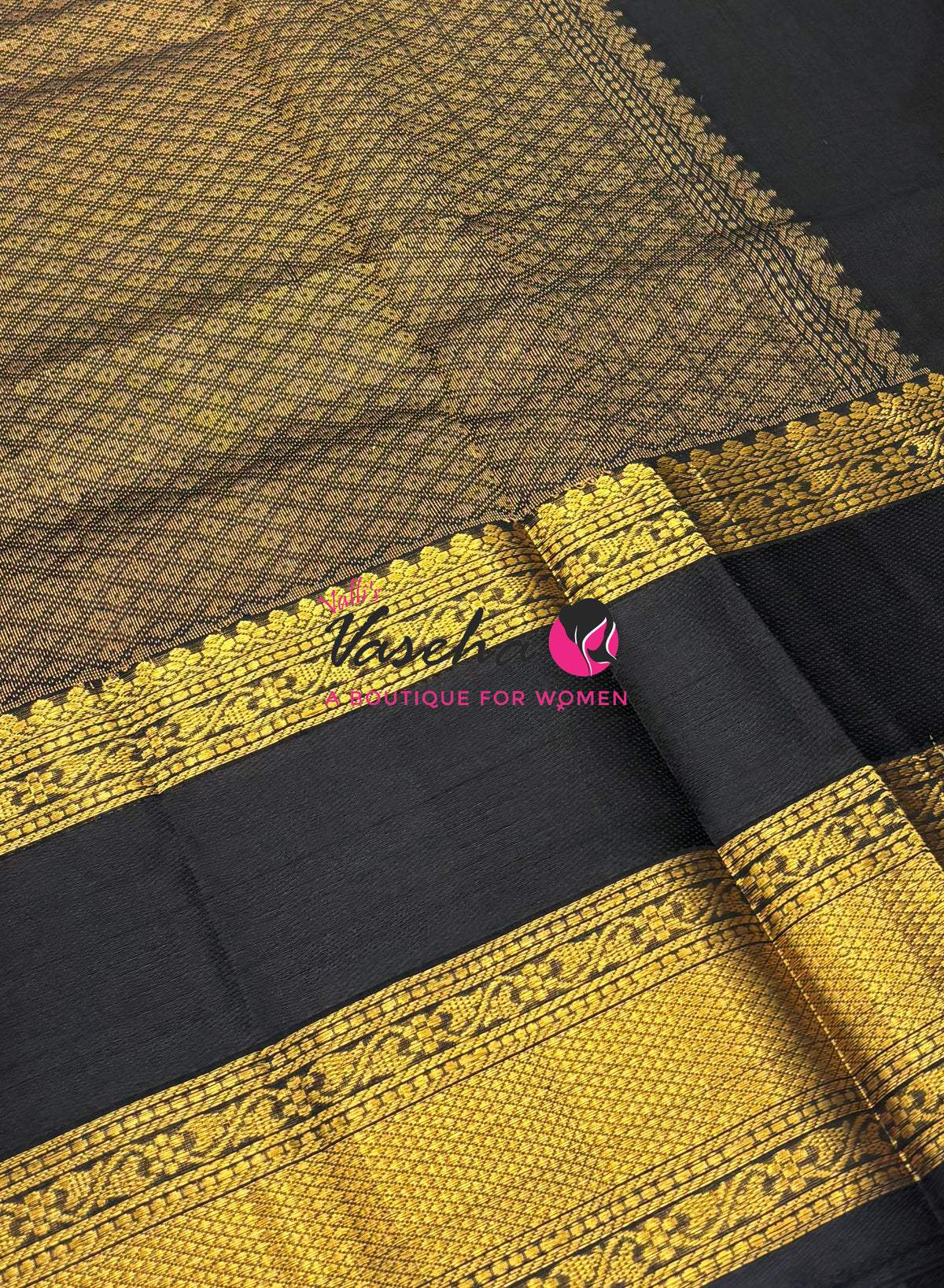 Pure Korvai Silk Cotton - Checks Pattern - Grey With Black Shade  - VVKSC034