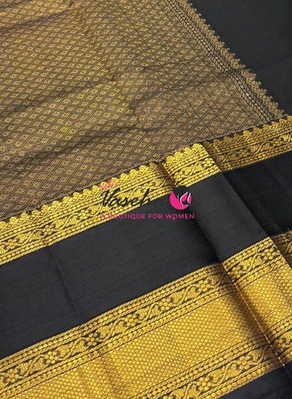 Pure Korvai Silk Cotton - Checks Pattern - Grey With Black Shade  - VVKSC034