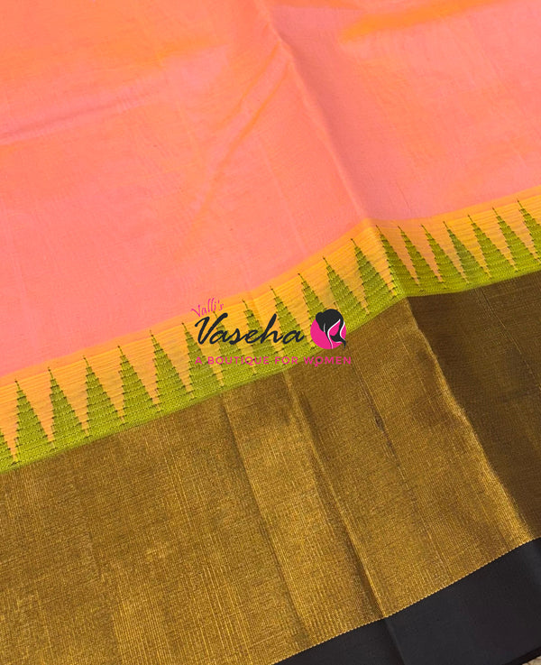 Pure Korvai Silk Cotton Saree - Peach With Black Shade Temple border - VVKSC001
