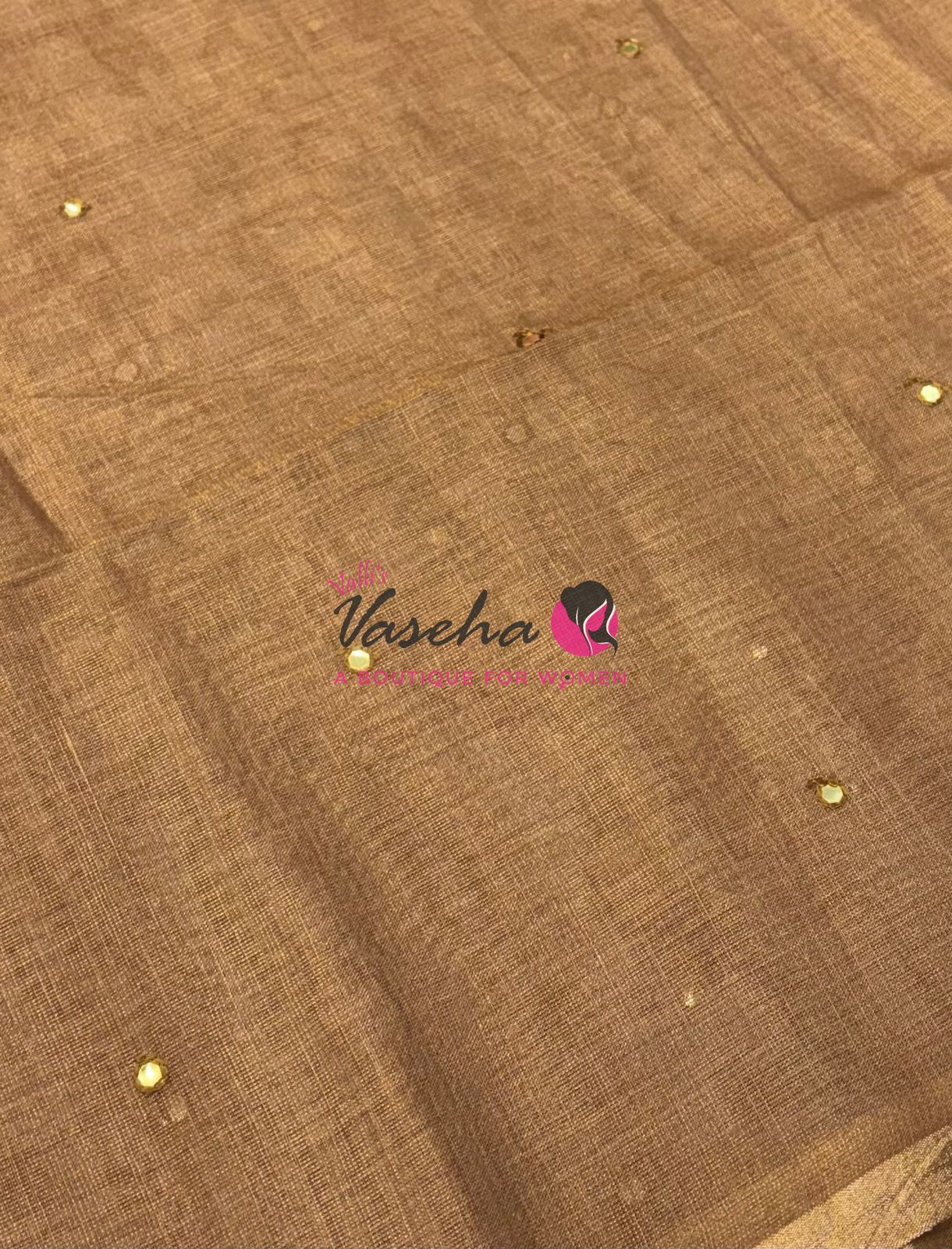 Linen Tissue Saree - Mirror Work Embroidery - Chocolate/ Biscuit With Grey Shade - VVLTS001