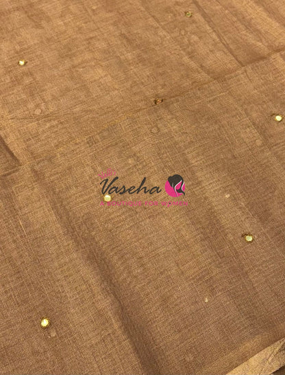Linen Tissue Saree - Mirror Work Embroidery - Chocolate/ Biscuit With Grey Shade - VVLTS001