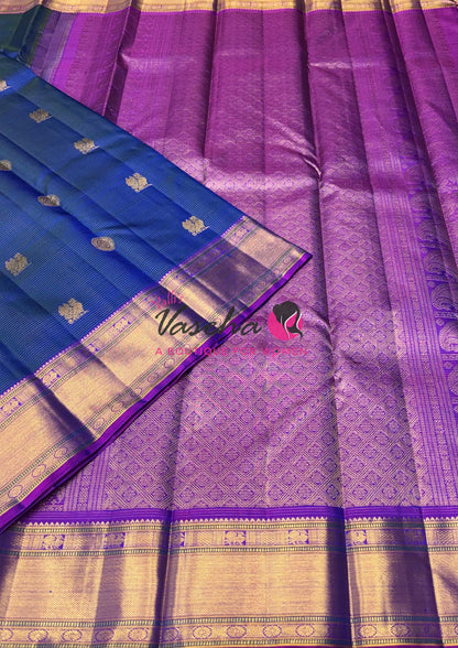Pure Kanchipuram Silk Saree - Vairavoosi Design  - Peacock Blue With Purple Combo - VVPS060
