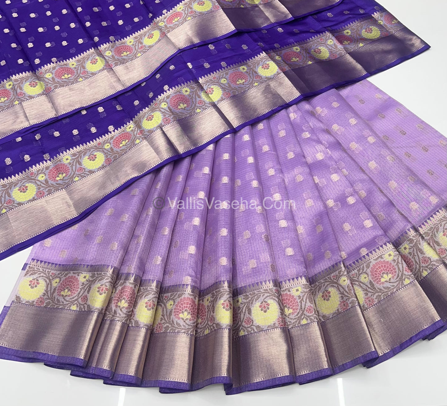Unstitched - Lehenga Material - Zari Kota Tissue - Lavendar Purple & Blue - VVULM001