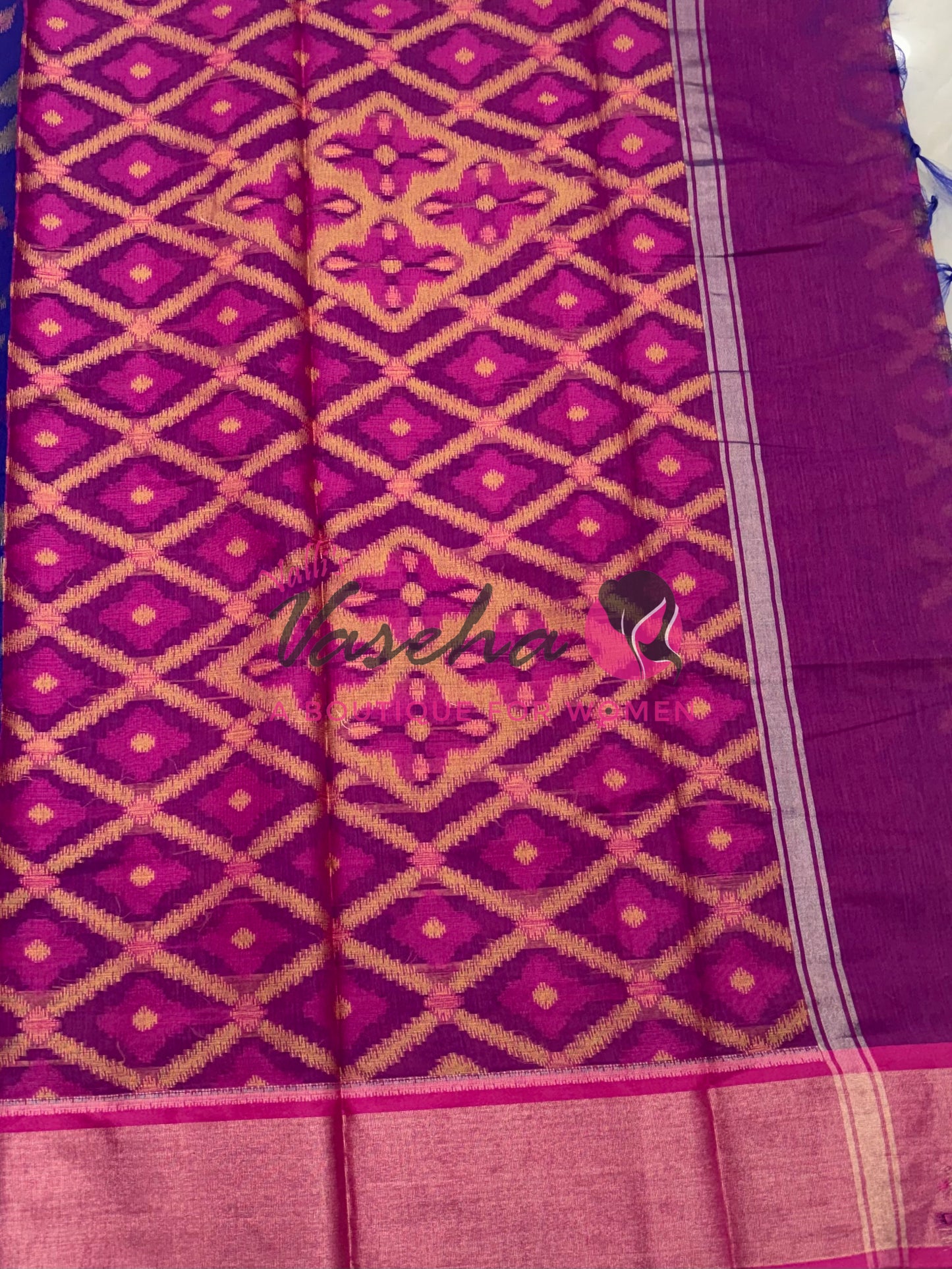 Banarasi Pochampally Weaving Semi Soft Cotton Saree - Blue with Pink - VVBPS001