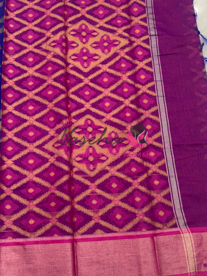 Banarasi Pochampally Weaving Semi Soft Cotton Saree - Blue with Pink - VVBPS001
