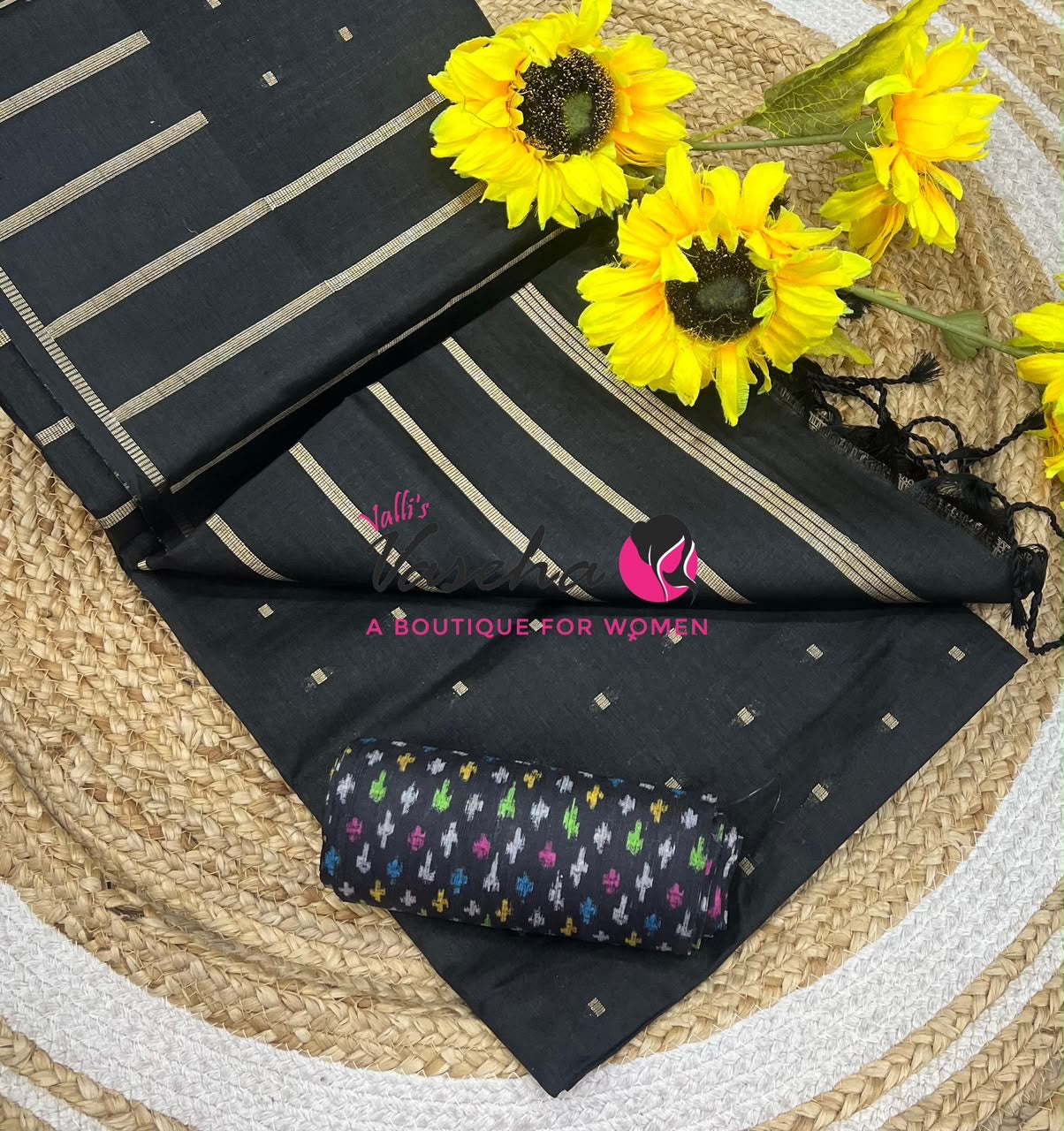 Semi Matka Tussar Silk Saree | Double Blouse | Black Shade |VVSTS052