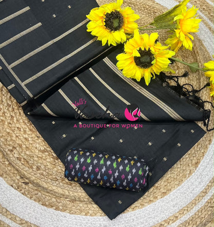 Semi Matka Tussar Silk Saree | Double Blouse | Black Shade |VVSTS052