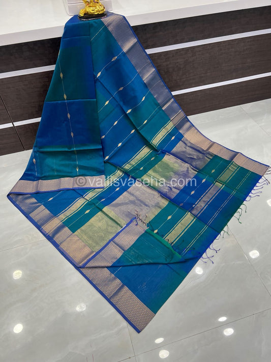 Pure Maheshwari Silk Cotton Saree -  Peacock blue Color - VVMSC005