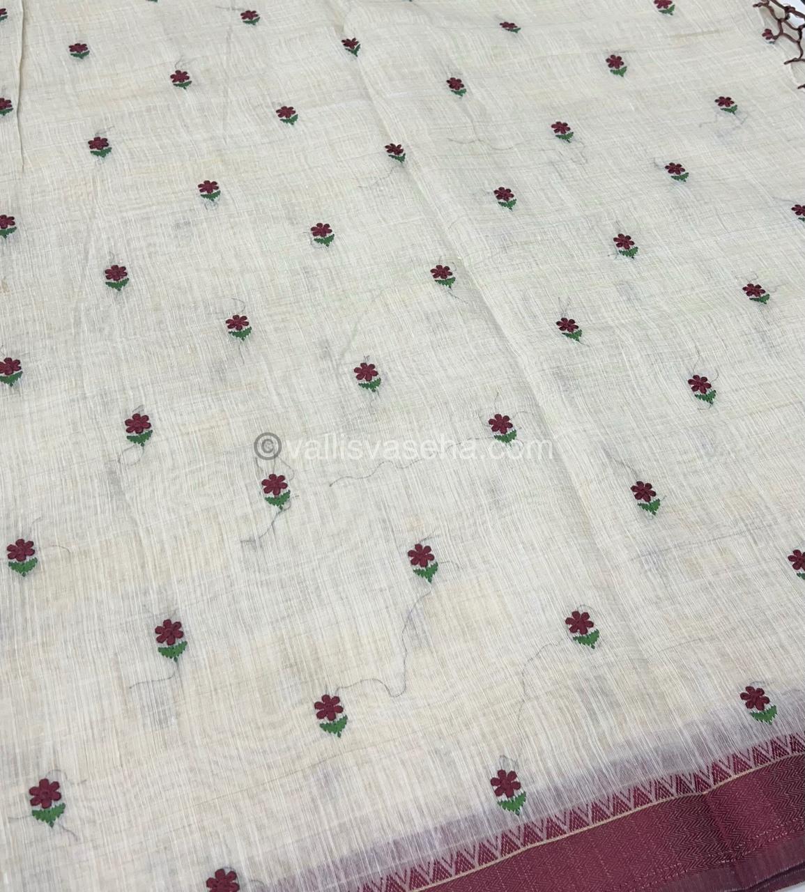 Semi Tussar Embroidery - Cream with Merun Combo - VVSTE001