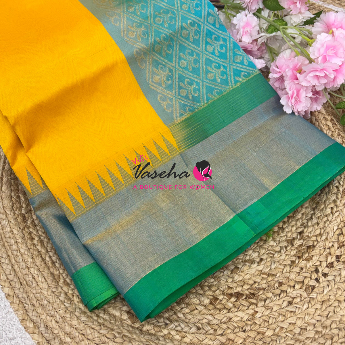Pure Korvai Silk Cotton Saree - Yellow With Blue Shade Temple border - VVKSC001