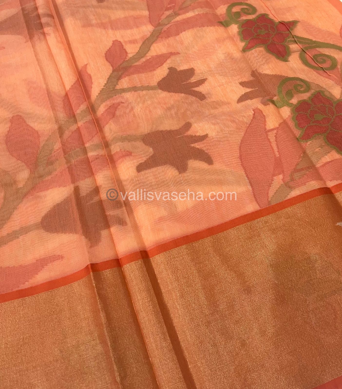 Banarasi Pochampally Weaving Semi Soft Cotton Saree - Cream with Orange - VVBPS001