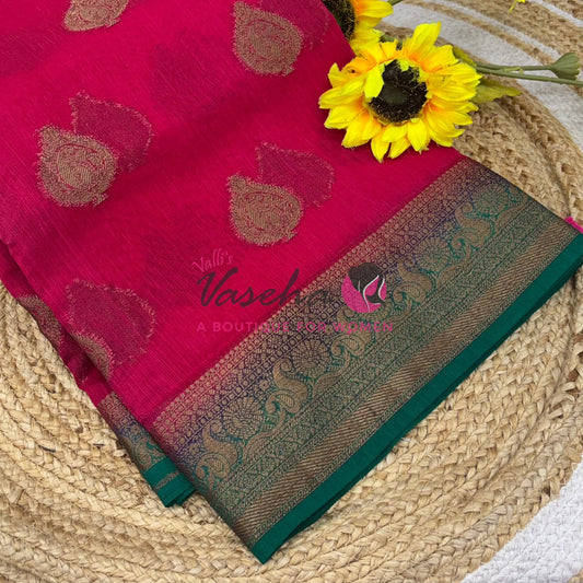 Bamboo Silk Saree- Reddish Pink with Green Shade - VVBSS013