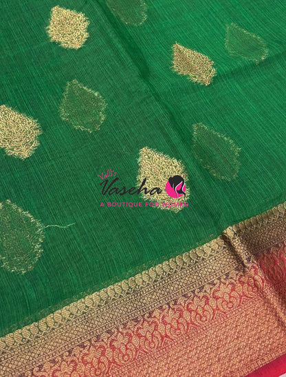 Bamboo Silk Saree - Green with Red - VVBSS018