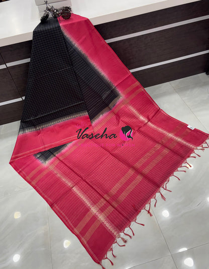 Bhagalpuri Silk | Black With Pink Combo | VVBS011