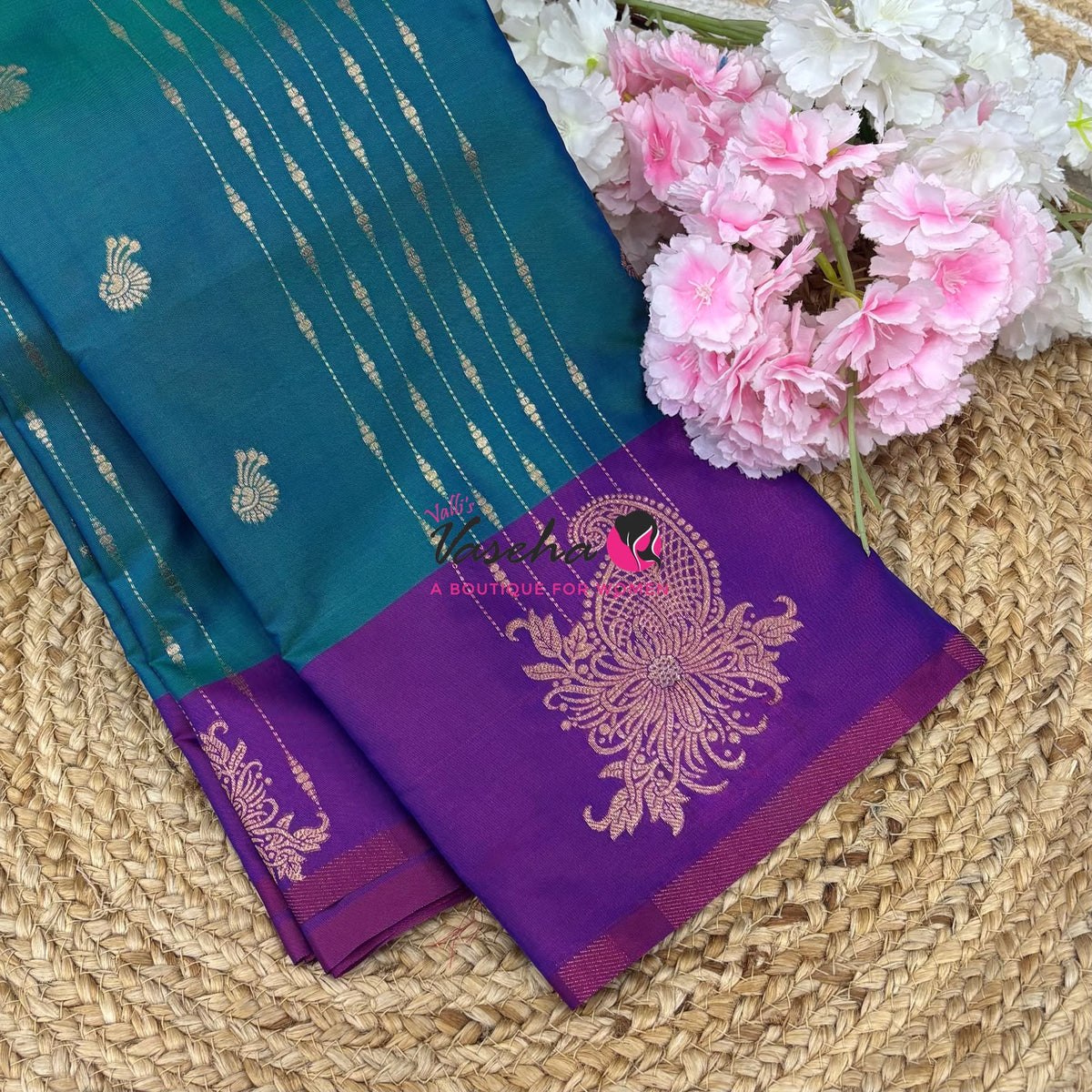 Semi Soft Silk -  Peacock Blue With Purple  Combo -VVSSS039