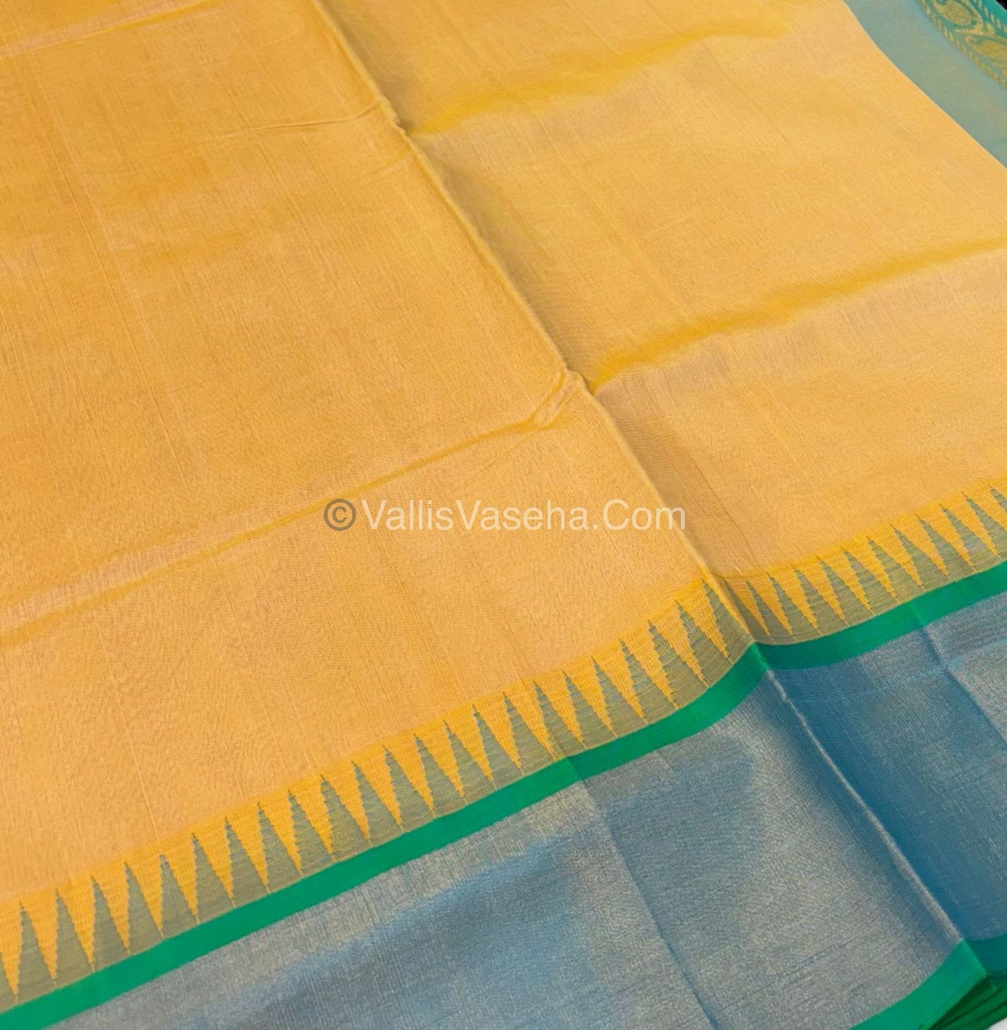 Pure Korvai Silk Cotton Saree - Cream With Blue Shade Temple border - VVKSC001
