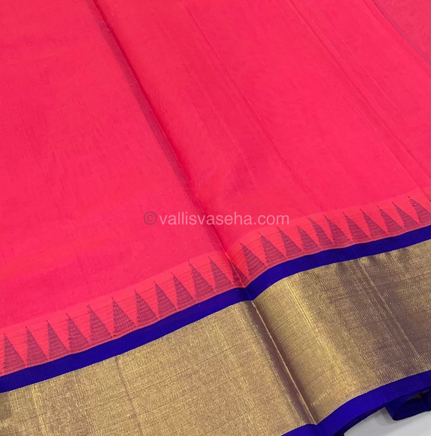 Pure Korvai Silk Cotton Saree - Pinkish Peach with Violetish Blue Combo - Temple border - VVKSC001