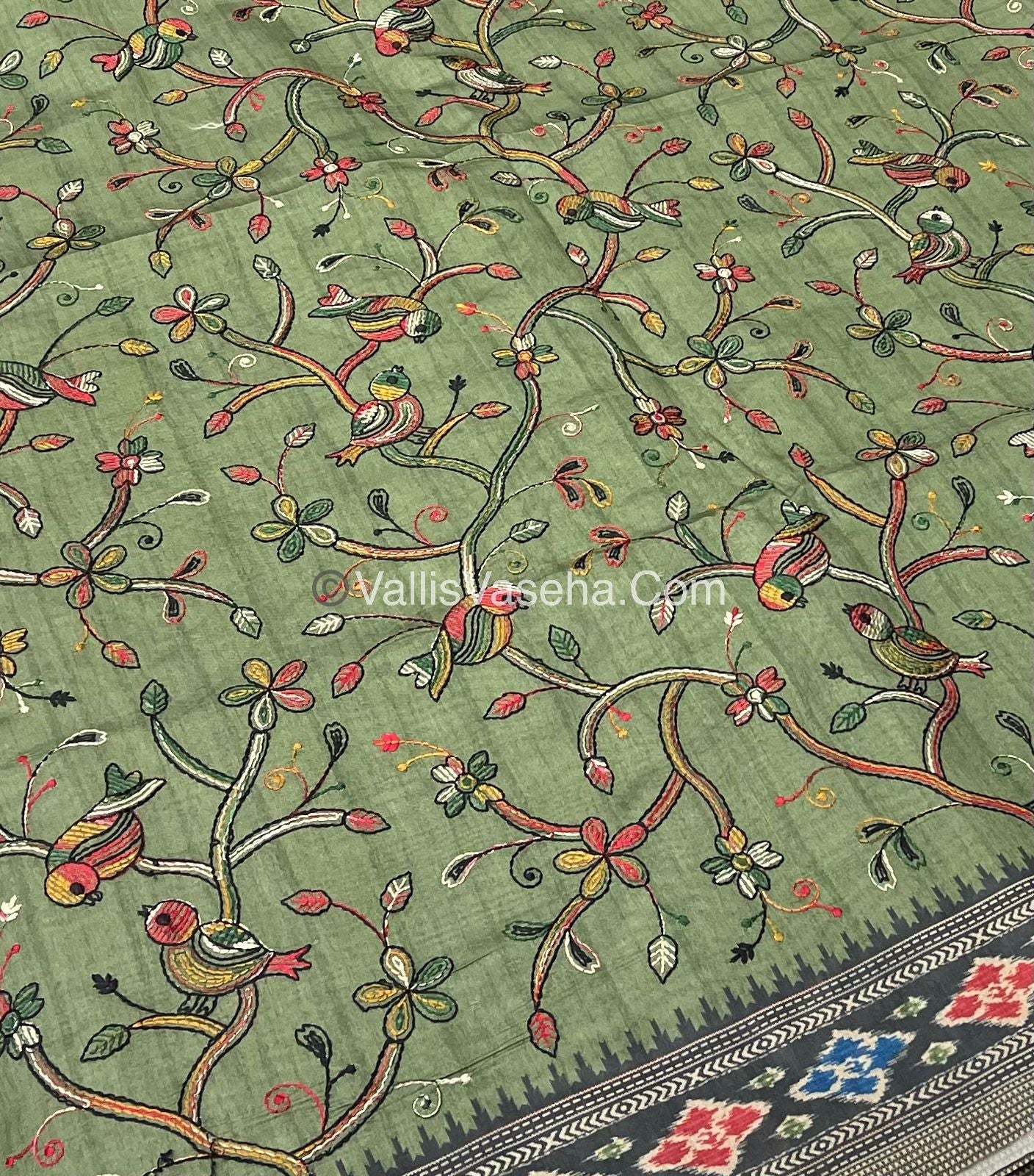 Semi Tussar - Kantha Work Embroidery - Green Shade - VVSTK001