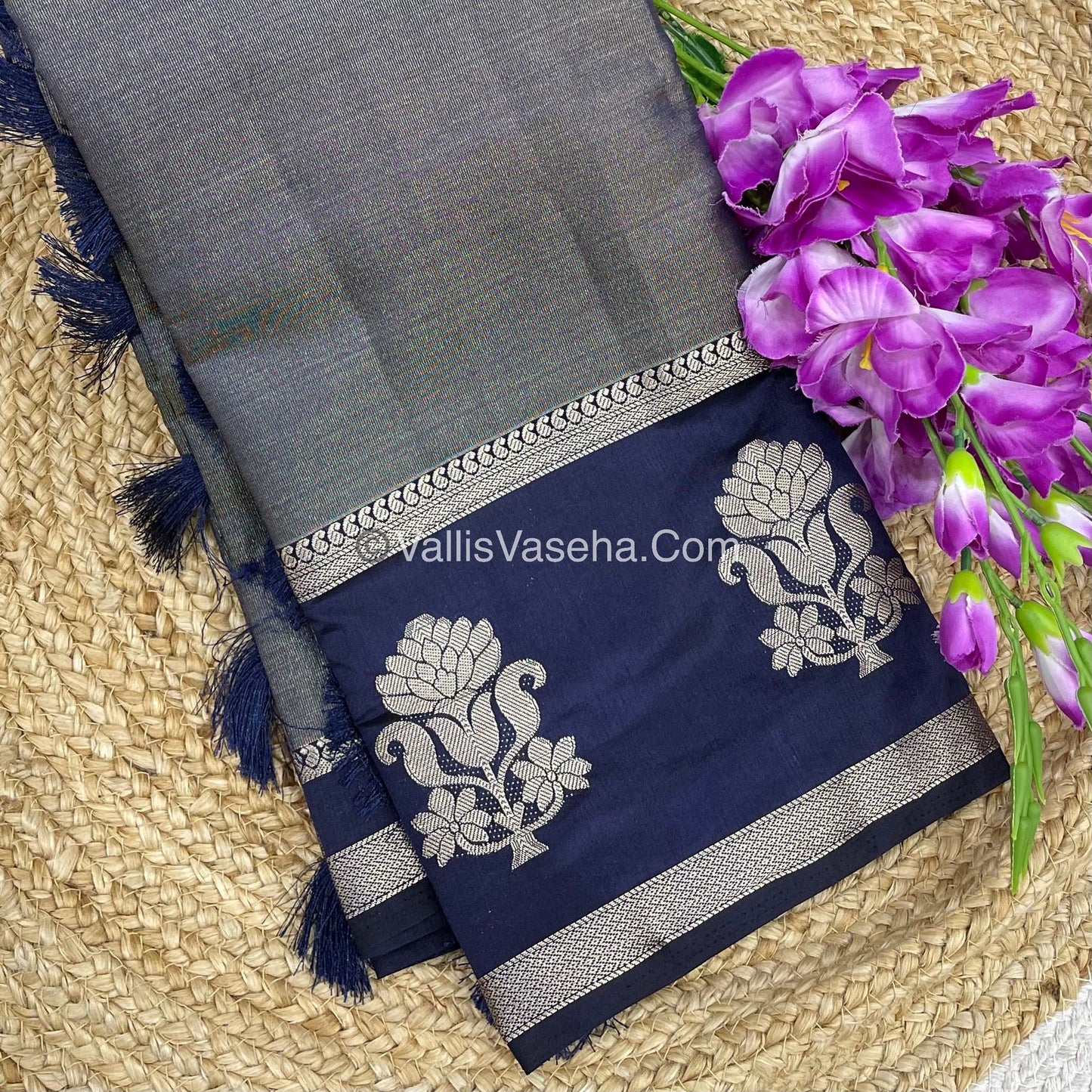 Semi Tissue Tussar Silk - Navy Blue Shade - VVSTS043