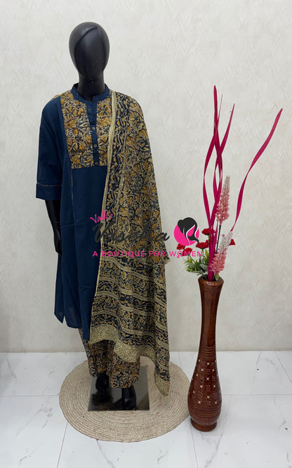 Ready Made - Pure Kalamkari Cotton - Duppatta(3pc)- Cotton - VVRMKC001