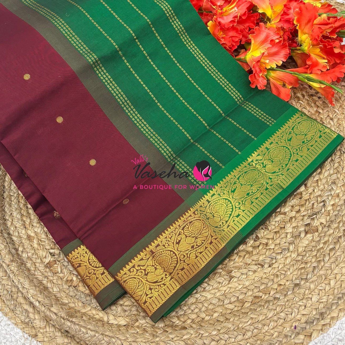 Semi Silk Cotton Saree - Small Round with Zari Butta  -  VVSSC014
