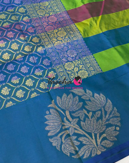 Semi Soft Silk  - Madras Checks Pattern - Peacock Blue Shade  - VVSSS042