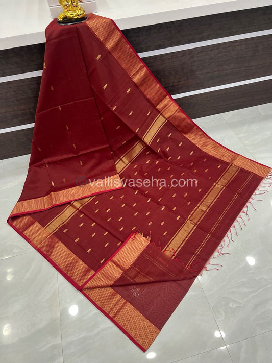 Pure Maheshwari Silk Cotton Saree -  Maroonish Brown Color - VVMSC003