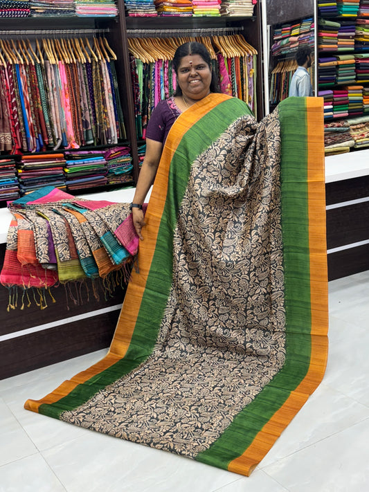 Semi Tussar -Green & Yellow Border - VVSTS005