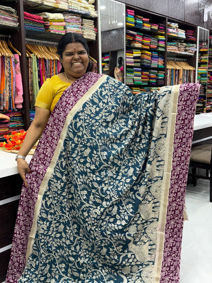 Casual Wear - Semi Silk Mixed - Kalamkari - Ramar Blue with Purplish Pink - VVSSK001