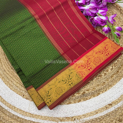 Semi Silk Cotton Saree - Green With Red Shade - VVSSC006