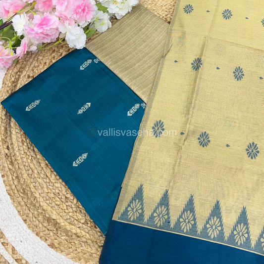 Unstitched Salwar Material -Raw Silk - Ramar Blue With Cream Shade - VVUSM004f junk