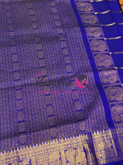 Pure Silk Cotton Saree - Mayil & Chakkaram Design - Shade of Mustard With Blue Shade -VVMC003