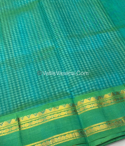 Pre Booking [5-7 weeks] |Pure Korvai Silk Cotton - Podi Kattam -White & Black with Teal Green - Retta Petta Border - VVKSC003