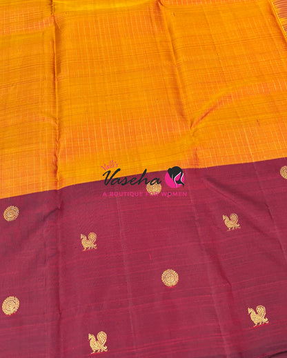 Pure Kanchipuram Silk Saree - Mango Yellow & Maroon Combo - VVPS027