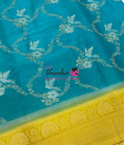Banarasi Georgette Saree - Blue With Lemon Yellow Combo - VVBGS002