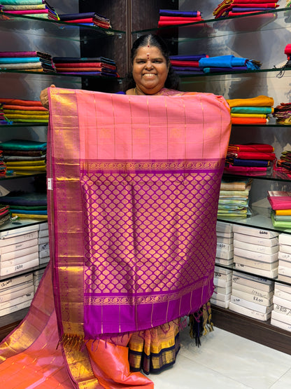 Pure Silk Cotton Saree - Mayil & Chakkaram Design - Peachish Pink with Purple - VVMC001