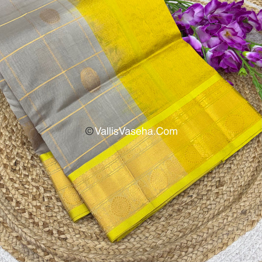 Pure Silk Cotton Saree - Mayil & Chakkaram Design - Grey With Yellow  Shade - VVMC001