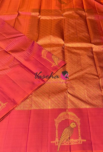 Pure Kanchipuram Silk Saree - Peachish Orange Shade  - VVPS058