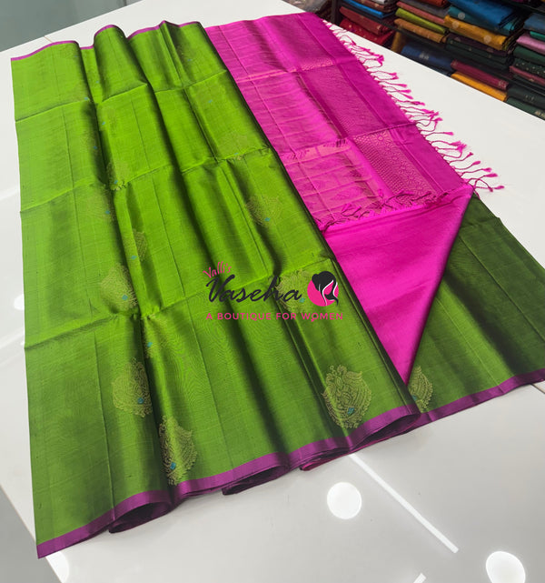 Pure Soft Silk Saree  - Green With Pink - VVPSS093
