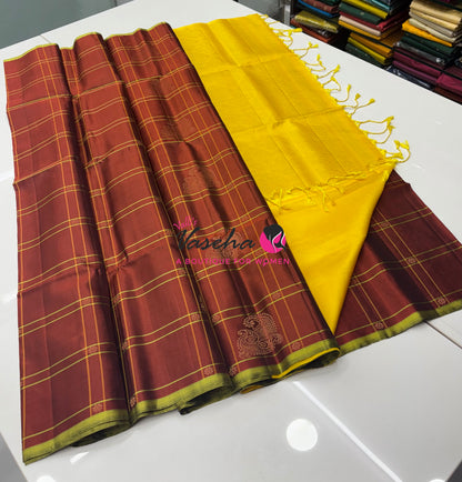 Pure Soft Silk Saree - Brown & Yellow Combo - VVPSS114