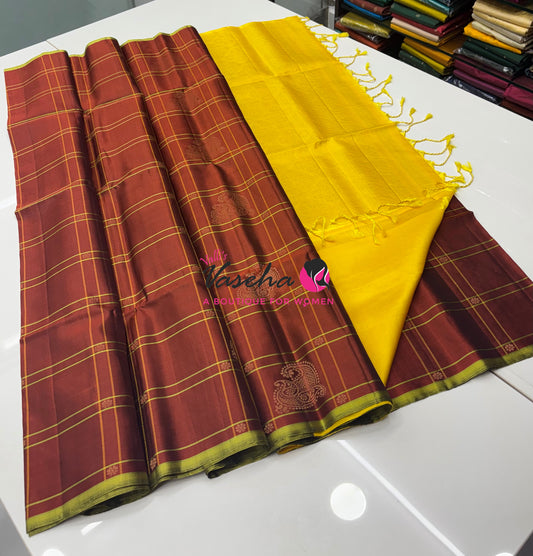 Pure Soft Silk Saree - Brown & Yellow Combo - VVPSS114