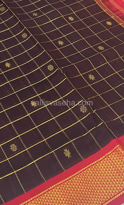 Pure Korvai Silk Cotton - Checks Pattern - Brown with Merunish Red - VVKSC015