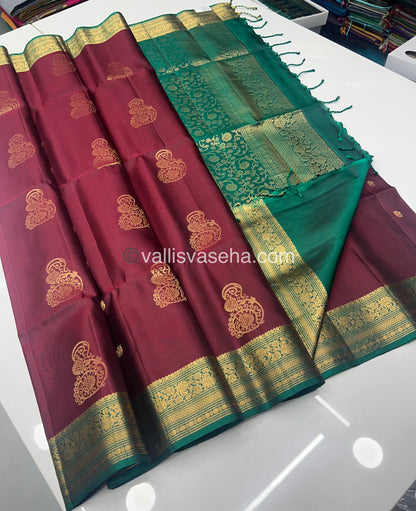 Pure Soft Silk Saree - Kanchi Border - Maroon & Green Combo - VVPSS046