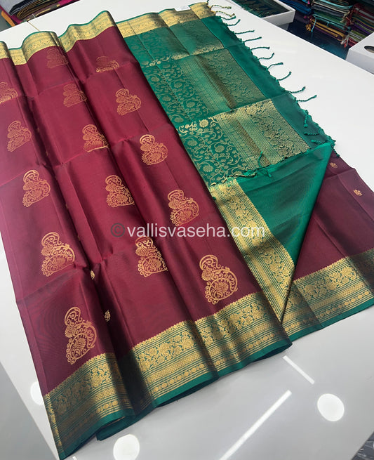 Pure Soft Silk Saree - Kanchi Border - Maroon & Green Combo - VVPSS046