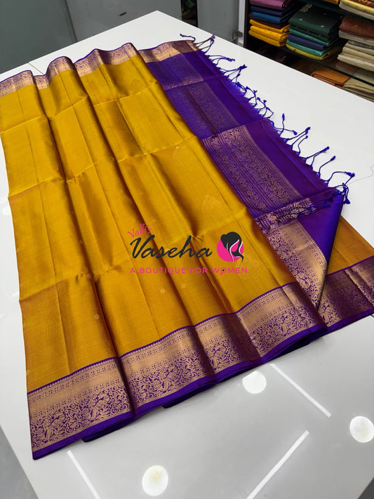 Pure Soft Silk Saree - Dual Tone Shade(Venthayam Honey Shade) & Purple - Velum & Mayilum - Kanchi Border - VVPSS015