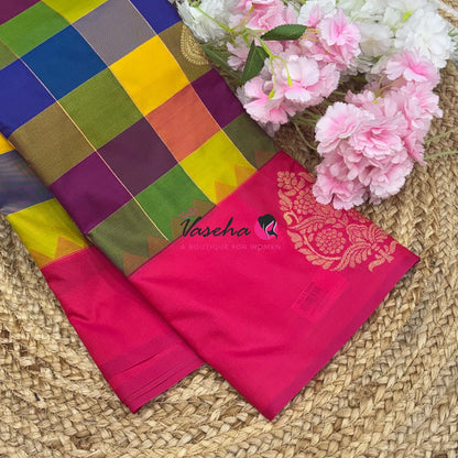 Semi Soft Silk  - Madras Checks Pattern - Pink Shade  - VVSSS042