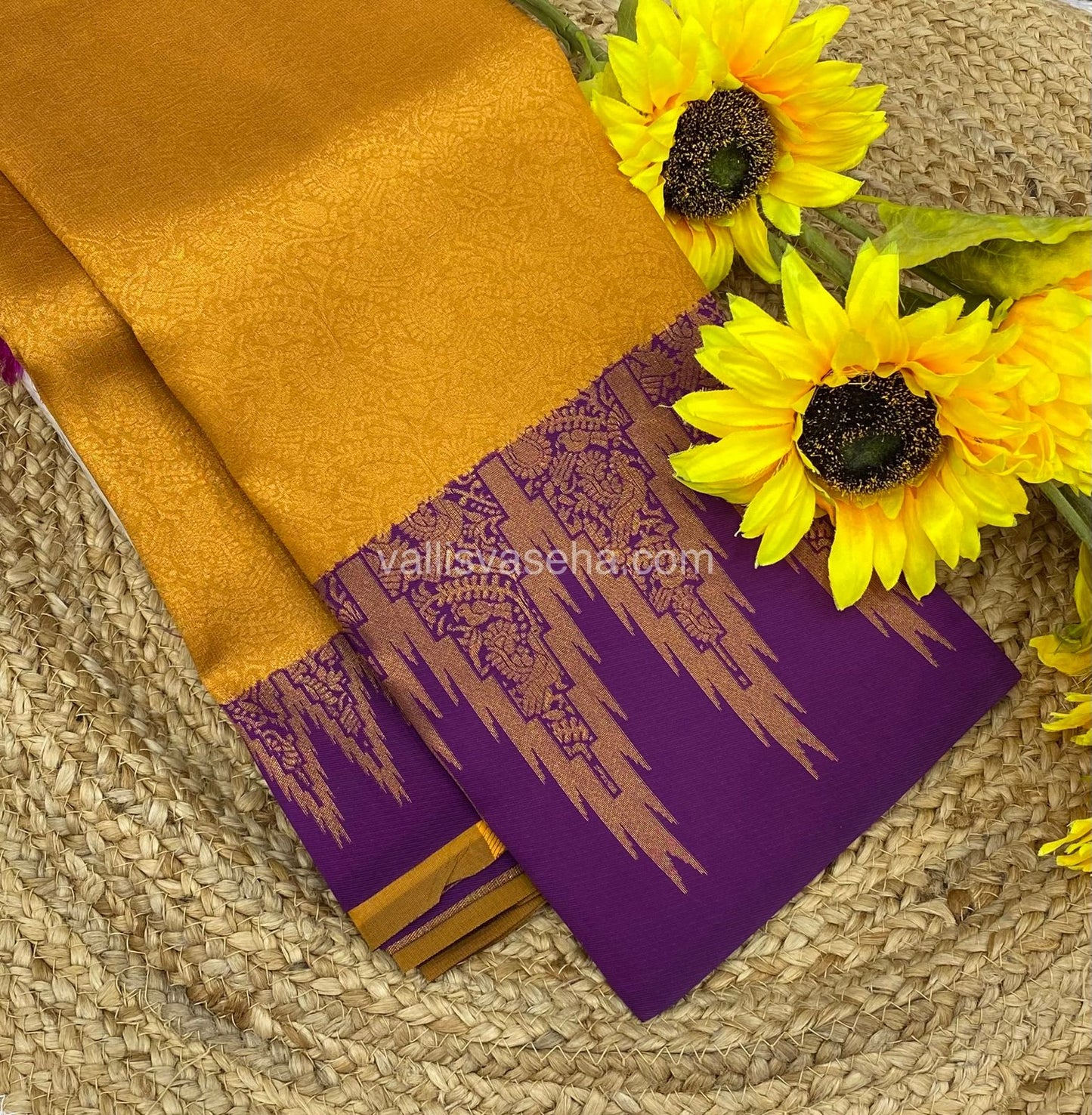 Kanchi Semi Silk - Dark Yellow With Purple - Temple Border  - VVKSS001