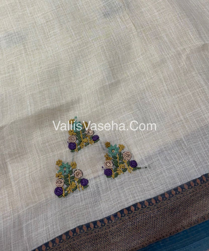 French Knot - Tissue Saree - Cream With Peacock Blue Shade - VVLFN005