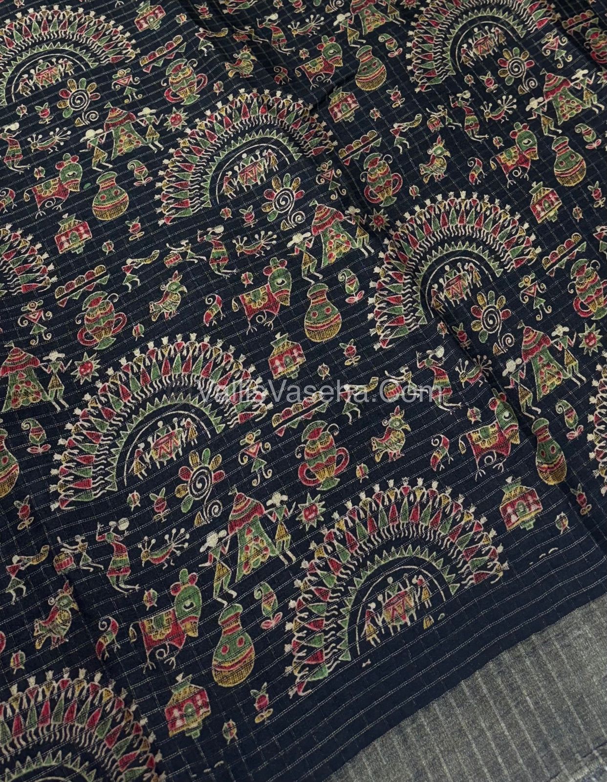 Light Weight Fancy Mixed Kota Cotton - Varli Design Printed Saree - Black Shade - VVKPC001